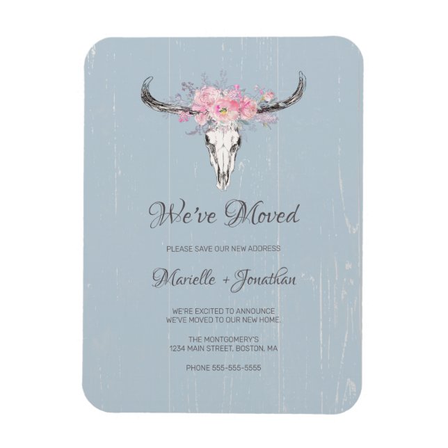 Ímã Movendo Novo Endereço Rustic Cow Skull Boho Floral (Vertical)