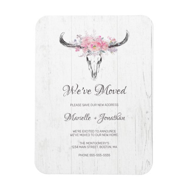 Ímã Movendo Novo Endereço Rustic Cow Skull Boho Floral (Vertical)