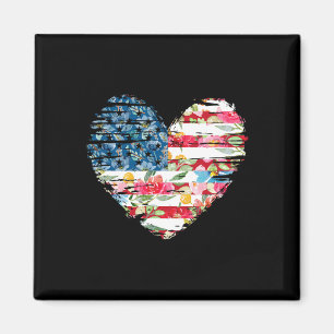 Imã Mulher 4 De Julho Shirt American Flag Floral Hear