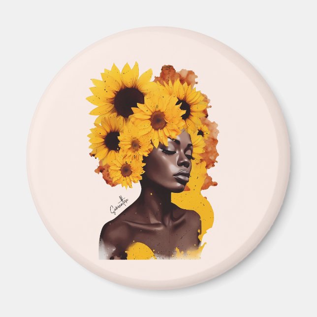 Imã Mulher afro-americana com afro afro girassol (Frente)
