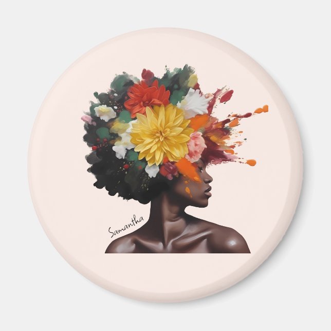 Imã Mulher Afro-Americana com Cabelo Afro Floral (2) (Frente)