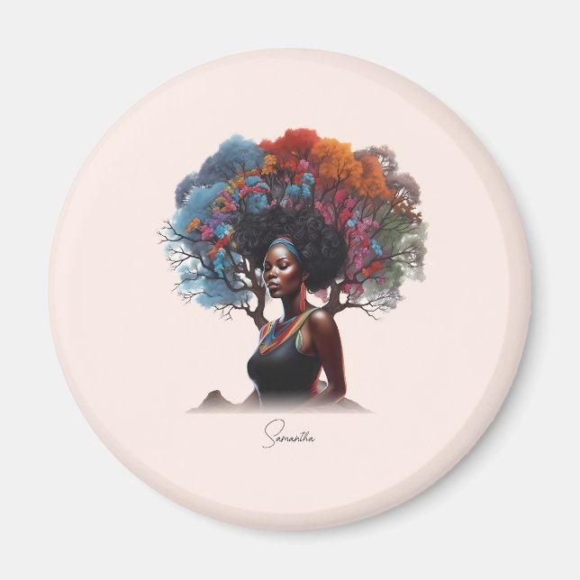 Imã Mulher afro-americana com cabelo estragado em árvo (Frente)