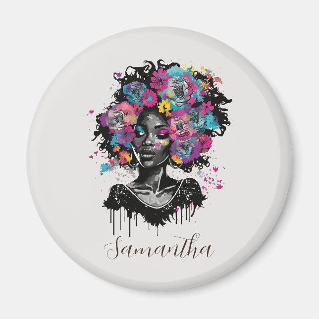 Imã Mulher Afro Clorosa Floral (Frente)