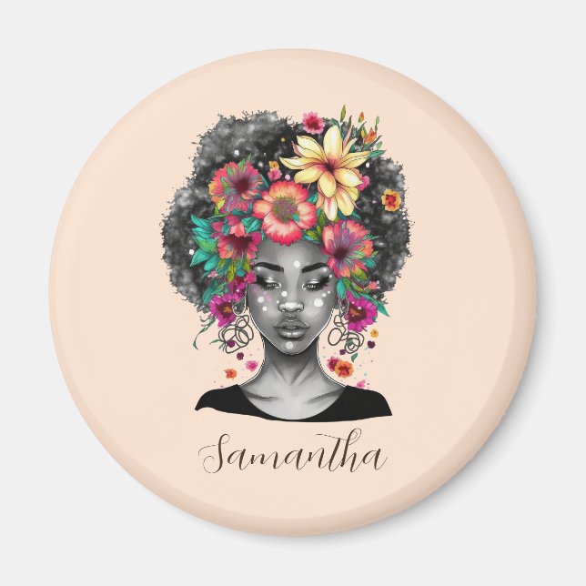 Imã Mulher Afro Elegante Floral (Frente)
