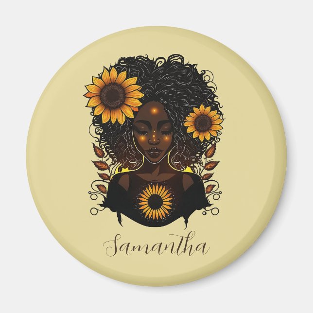 Imã Mulher Afro Rainha Sunflower (Frente)