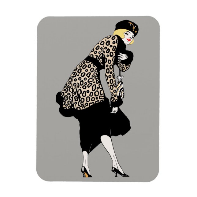Ímã Mulher Art Déco Antiga com Casaco Estampado de Leo (Vertical)