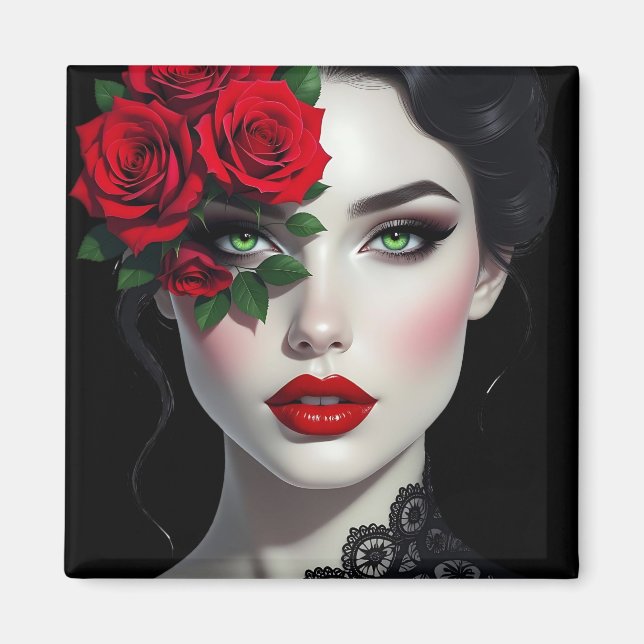 Imã Mulher Bonita com Rosa Vermelha (Frente)