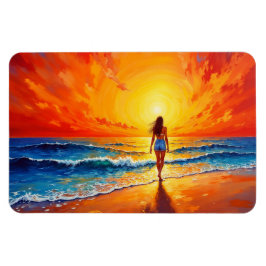 Ímã Mulher caminhando na praia do oceano quente pôr do