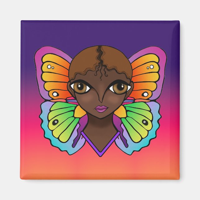 Imã Mulher com borboletas brilhantes e coloridas (Frente)