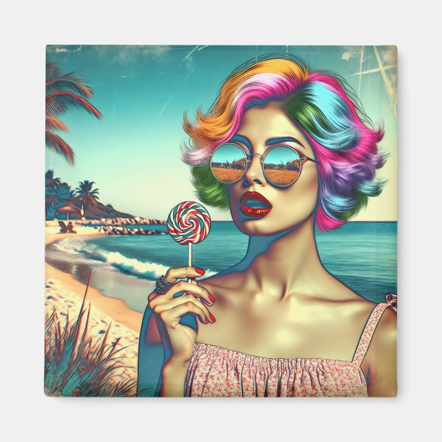 Imã Mulher de Arte Pop Retro com Pirulito (Frente)