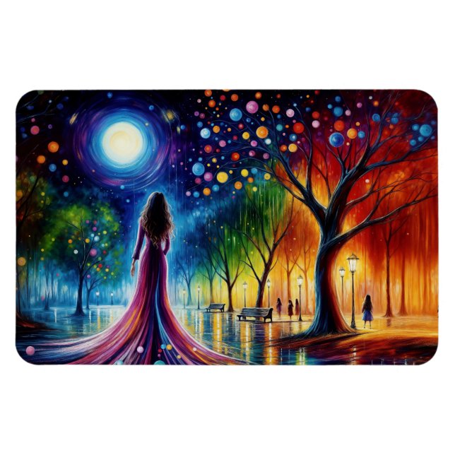 Ímã Mulher de vestido fluindo caminhando na floresta c (Horizontal)