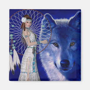 Imã Mulher do nativo americano & design azul do lobo