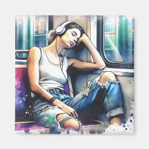 Imã Mulher dormindo no metrô ouvindo música