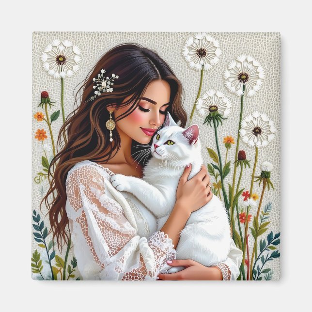 Imã Mulher e Gato Branco e Dandelions  (Frente)