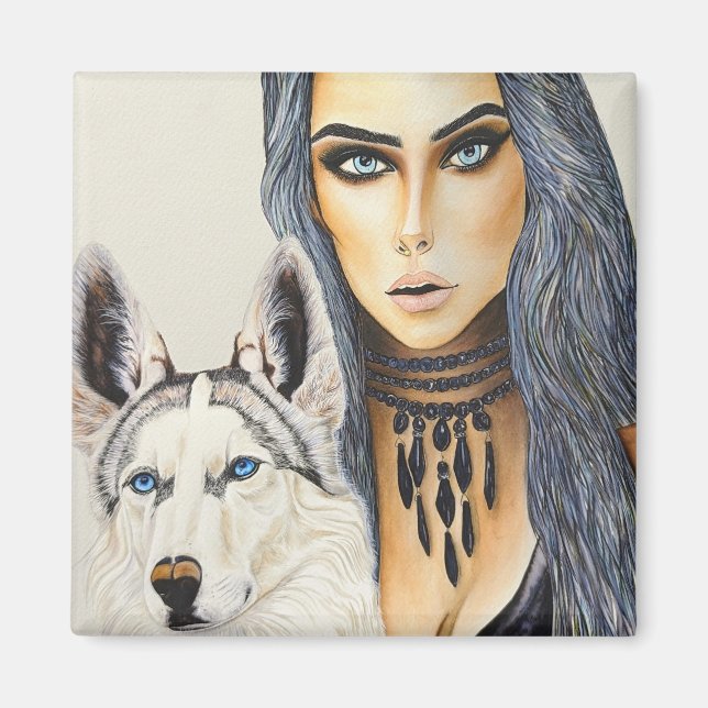 Imã Mulher Glamourosa Moderna & Cachorro Lobo Husky (Frente)