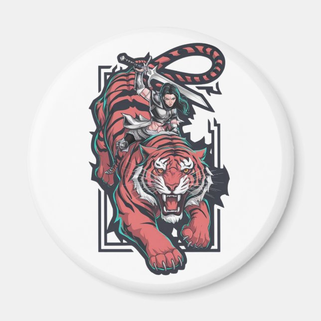 Imã Mulher guerreira no topo de um gigantesco tigre (Frente)