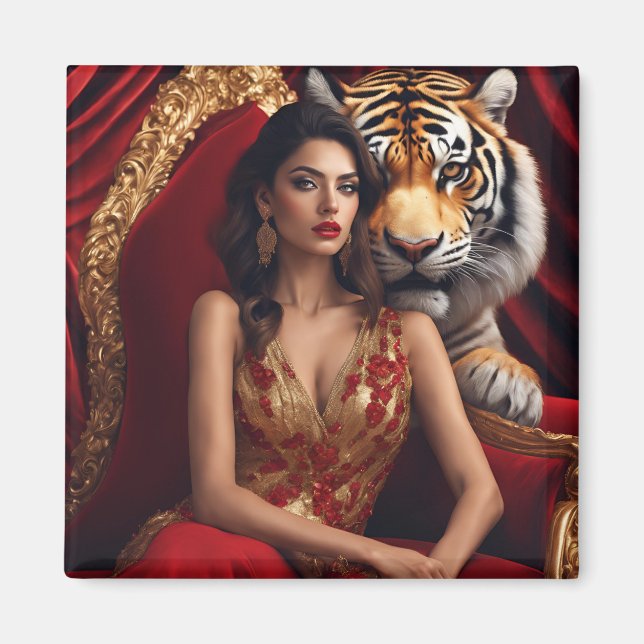 Imã Mulher Majestosa com Tigre | Parede de Força de Lu (Frente)
