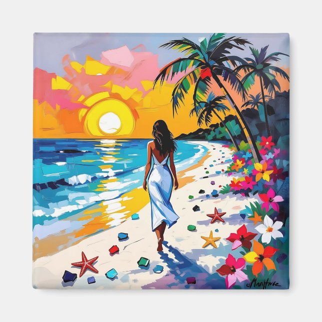 Imã Mulher na Cena Tropical da Praia (Frente)