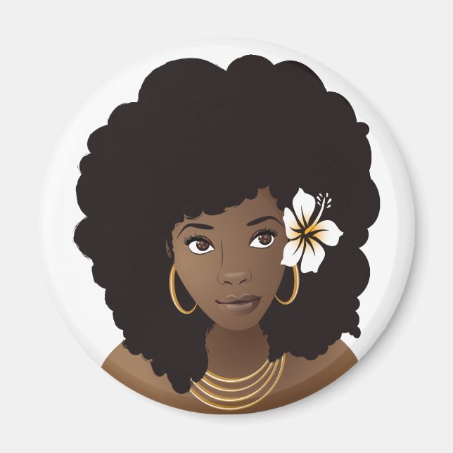 Imã Mulher Negra com Flor no Cabelo Natural (Frente)