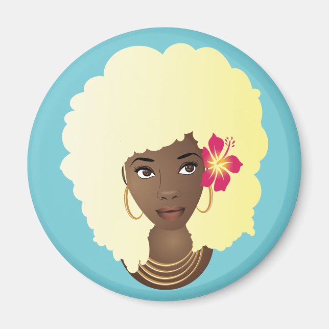 Imã Mulher Negra, Loura Afro, Flor no Cabelo Natural (Frente)