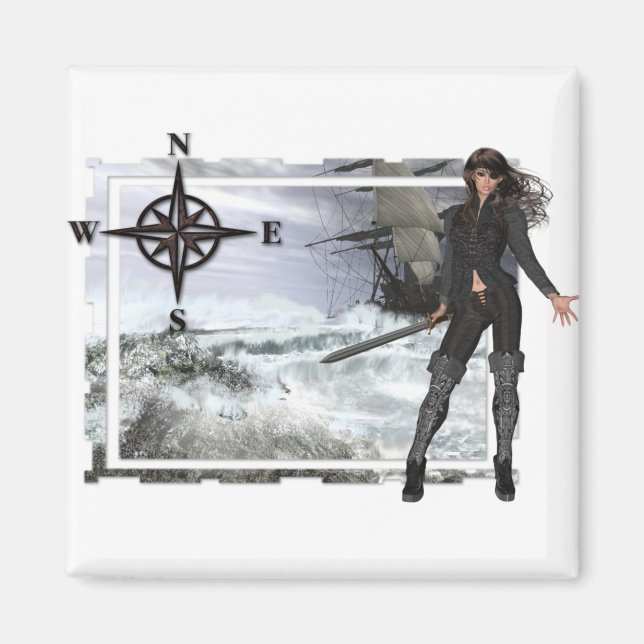 Imã Mulher Pirata com Designs de Águas Duras (Frente)