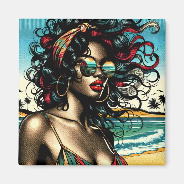 Imã Mulher Retro na Praia Estilo Cômico Pop Art (Frente)