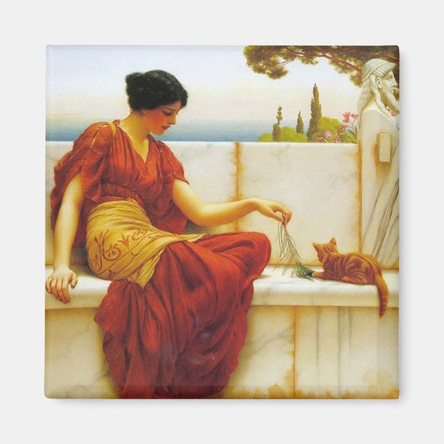 Imã Mulher Romana Brincando com seu Gato Favorito (Frente)