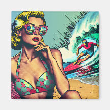 Mulher Ruiva Retro Bonita e Cara Gato Surfista