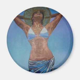 Imã Mulher Vestindo Chapéu E Sarong Gozando Do Verão