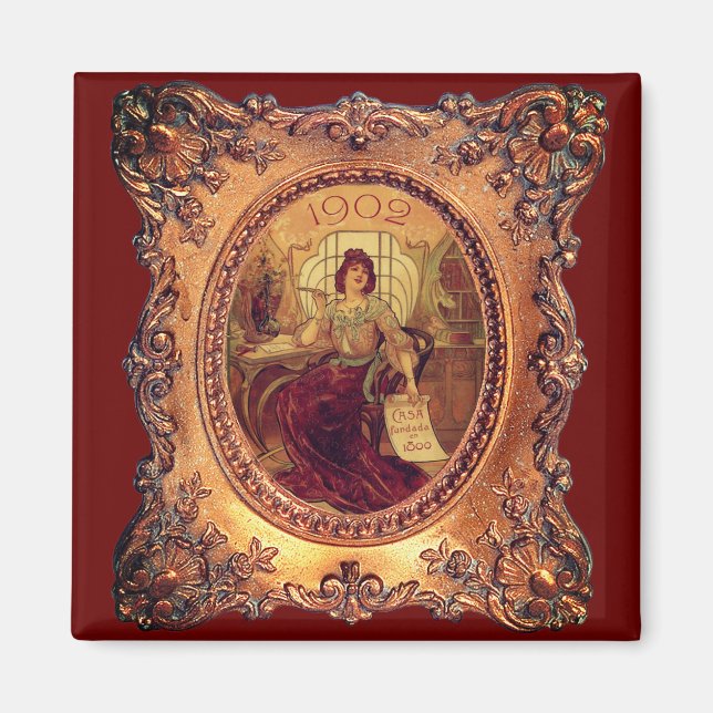 Imã Mulher vitoriana quadro elegante vermelho-dourado (Frente)