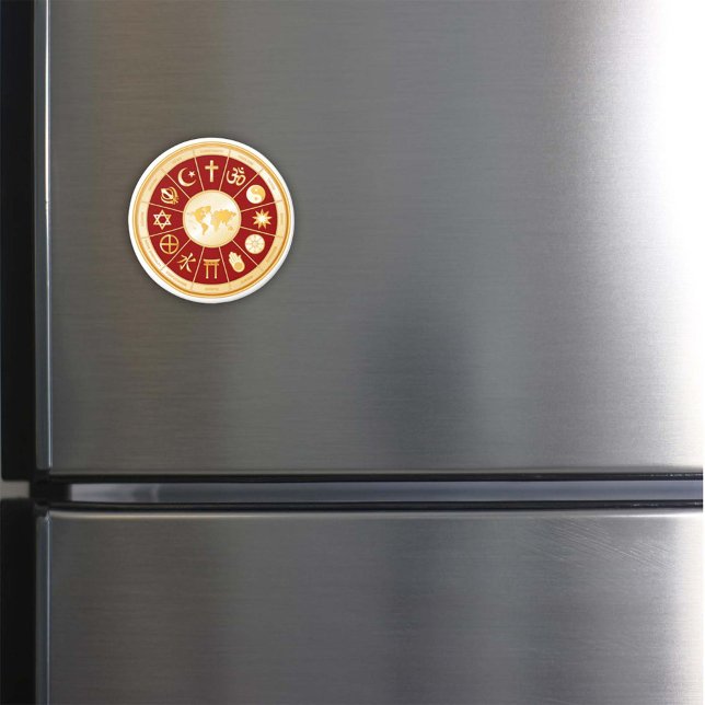 Imã Mundo da Fé (World of Faith Magnet. Gold symbols of international religions surround a world map. )