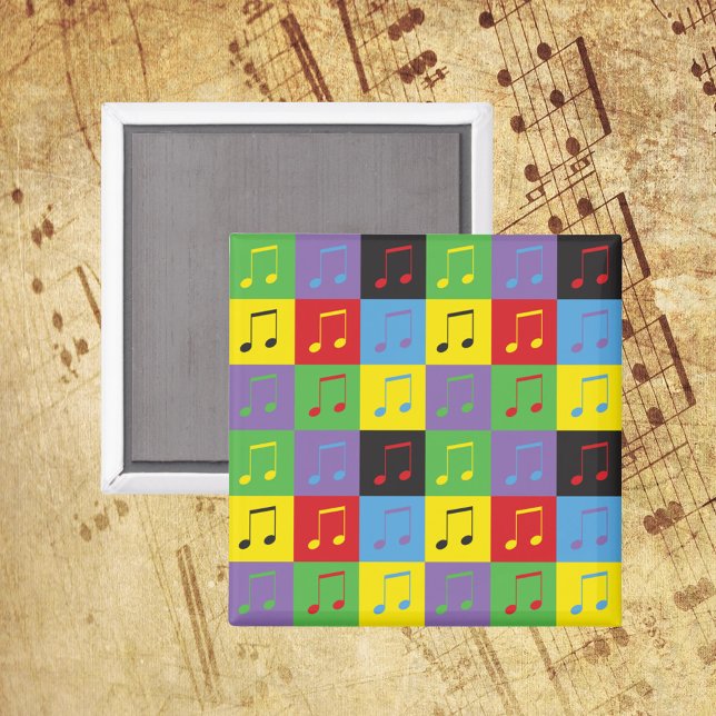 Imã Música Padrão 8ª Notas Rainbow (A magnet with a music note pattern done in yellow, green, blue, purple, red and black)