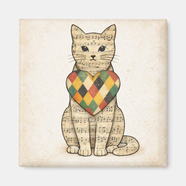 Imã Musical Cat Collage with Harlequin Heart (Frente)