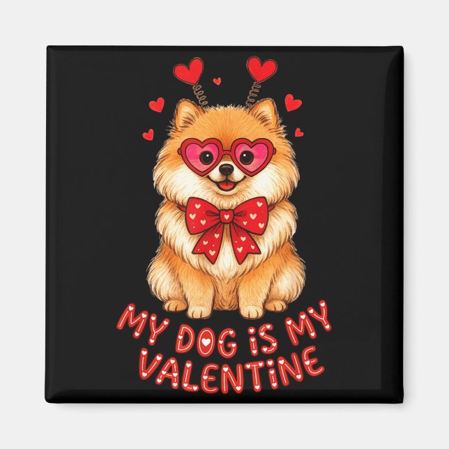 Imã My Dog Is My Valentine Cute Meranian With Heart Gl (Frente)