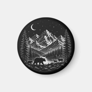 Imã Mystic Mountain Wilderness Night Linocut Estilo
