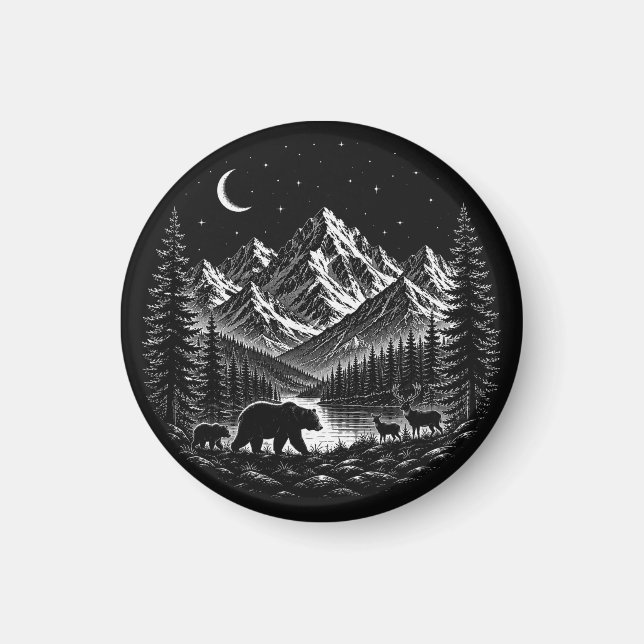 Imã Mystic Mountain Wilderness Night Linocut Estilo (Frente)