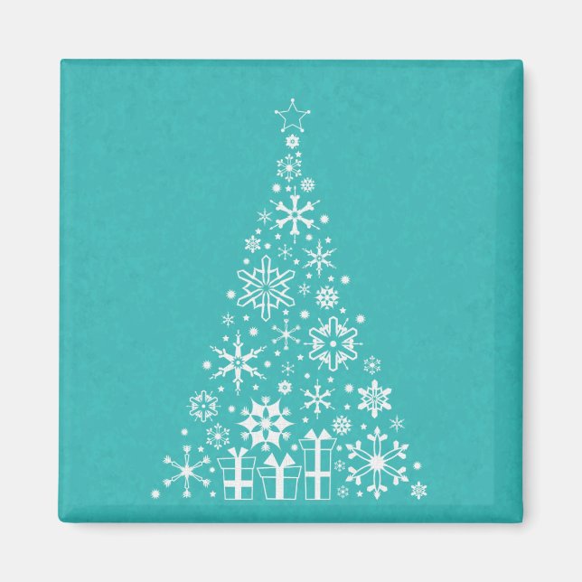Imã Na moda elegante, branca e teal, árvore de Natal (Frente)
