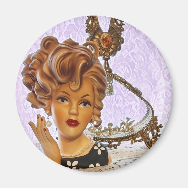 Imã Na moda Lady Head Vase Spiral Curls Vestido Floral (Frente)