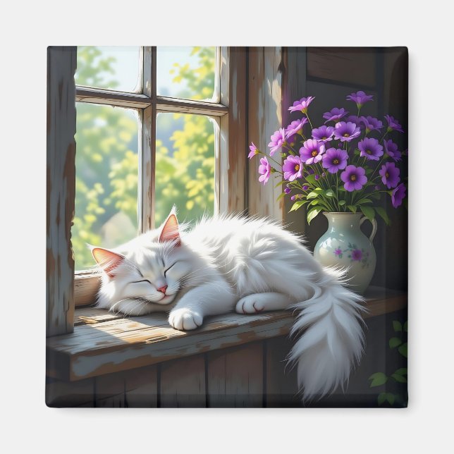 Imã Napping White Cat and Purple Flowers  (Frente)