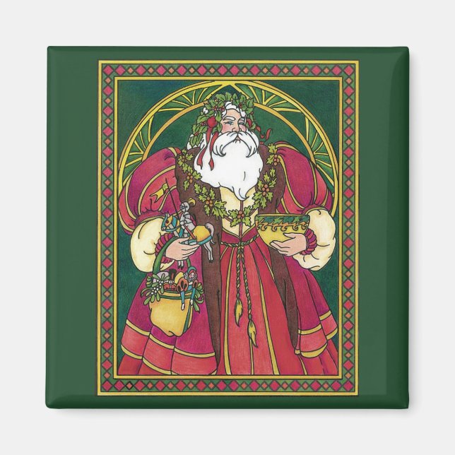 Imã Natais vintages, Papai Noel com Holly Leaves (Frente)