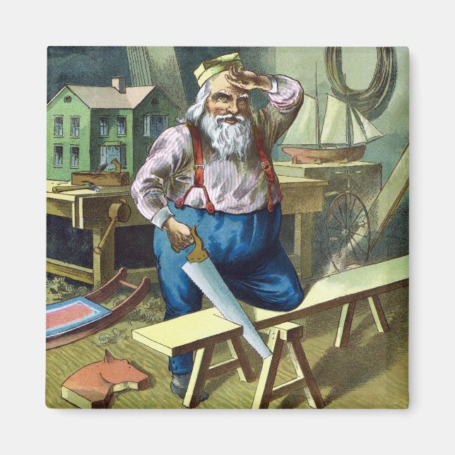 Imã Natais vintages, Santa Claus Building Toys Saw (Frente)