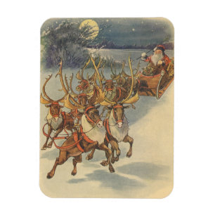 Ímã Natais vintages Santa Claus Sleigh com Reindeer