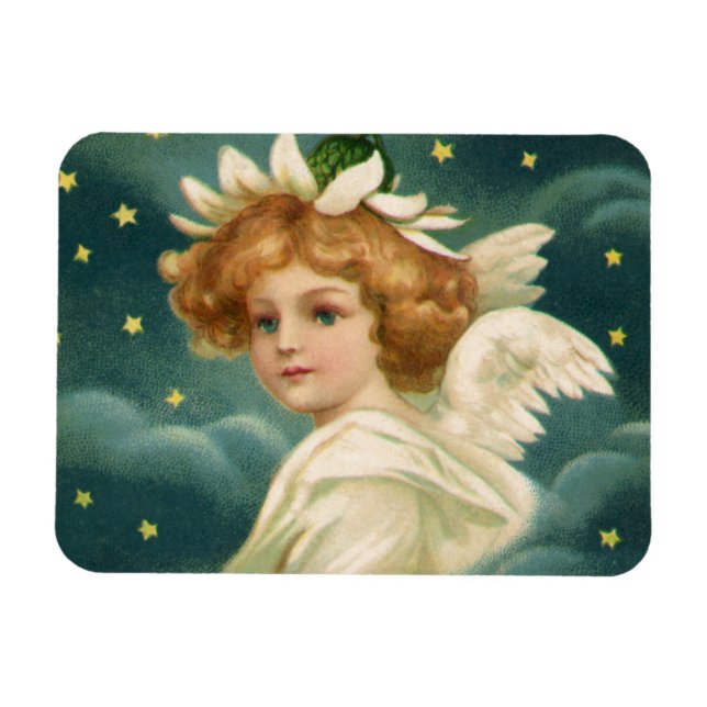 Ímã Natal Antigo, Anjo Vitoriano com Estrelas Douradas (Horizontal)