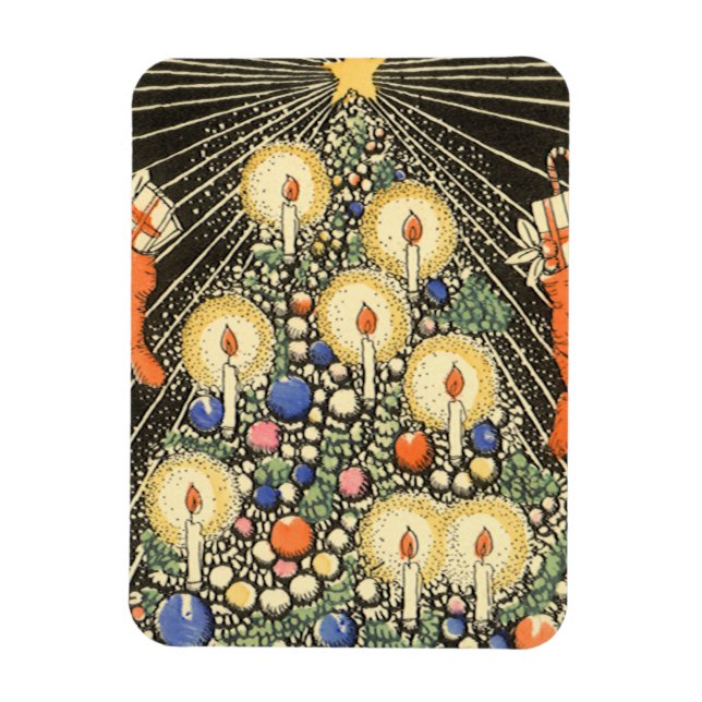Ímã Natal Antigo, Árvore com Velas e uma Estrela (Vertical)