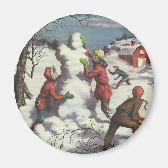 Imã Natal Antigo, Crianças Brigando com Bolas de Neve (Frente)