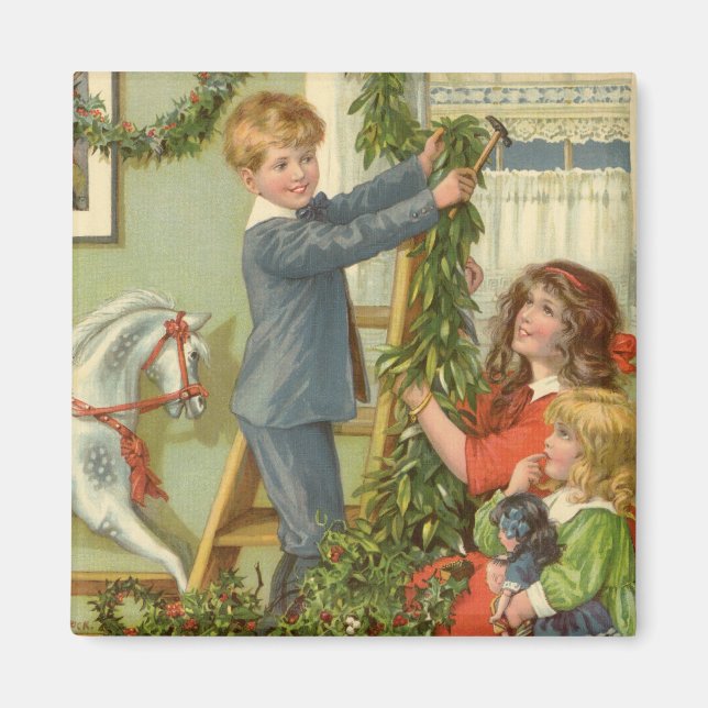 Imã Natal Antigo, Crianças Vitorianas Decorando (Frente)