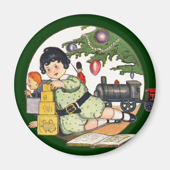 Imã Natal Antigo, Menino Feliz Brincando com Brinquedo (Frente)
