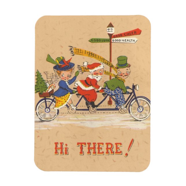 Ímã Natal Antigo, Papai Noel andando de bicicleta (Vertical)