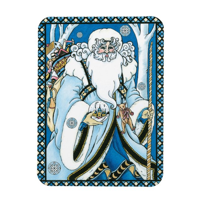 Ímã Natal Antigo, Papai Noel Azul com Globo de Neve (Vertical)