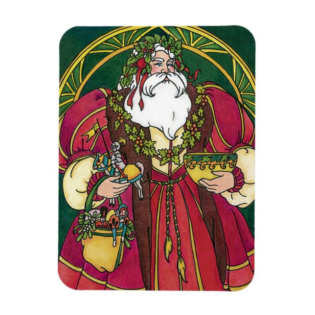 Ímã Natal Antigo, Papai Noel com Folhas de Azevinho (Vertical)